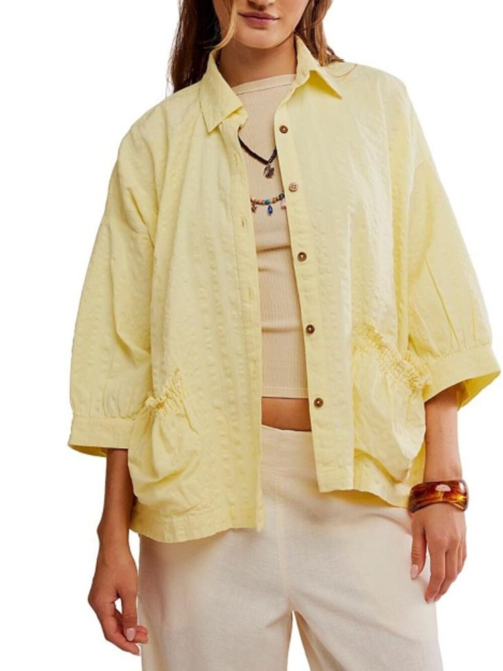 Free People Just Like Me Cotton Seersucker Button Up Shirt – Yellow – XS